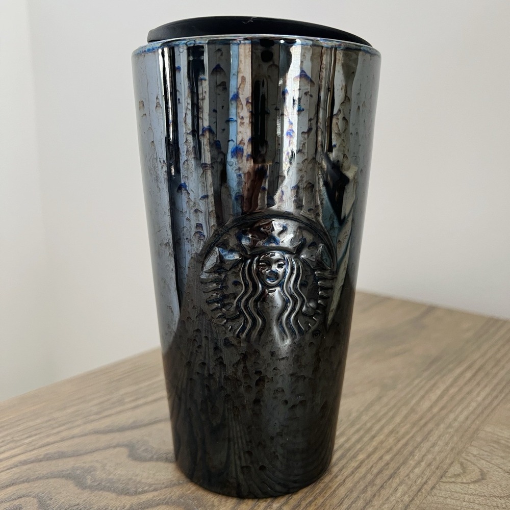 2019 Starbucks Black Graphite Mirrored Pearl 12oz Ceramic Tumbler  Travel Mug
